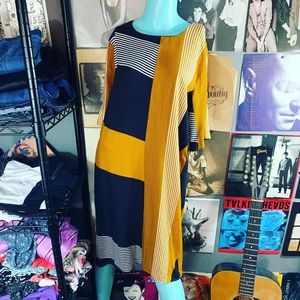 🔥 NWT FIG Anthropologie MOD GEO Rayon mustard Navy 1970’s Style Sheath Dress
